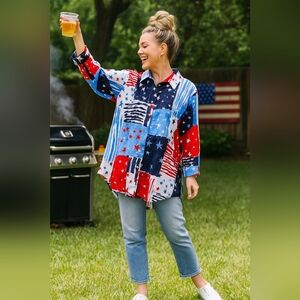 American Flag 2X Red White Blue 4th Of July Stars Patriotic Cotton Tunic Top New